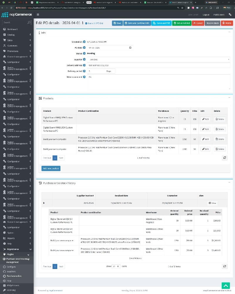 Edit purchase order screen for Purchase Order Inventory Management